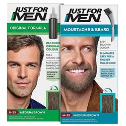 Just for Men Original Formula Medium Brown Hair Dye, Natural Look – H35 & Just for Men Moustache & Beard Medium Brown Dye , Eliminates Grey – M35