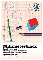 Ursus 7074000 millimeterblok, DIN A3, 80 g/m², 25 vellen, raster 1 mm, rode druk, met rooster, van houtvrij, wit schrijfpapier, ideaal voor technische tekeningen