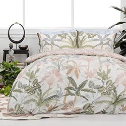 Sleepdown Tropical Leaves Floral Natural Reversible Duvet Cover Quilt Tassel Pillow Cases Bedding Set Soft Easy Care - Super King (220cm x 260cm)