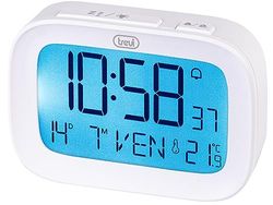 Trevi SLD 3850 Réveil numérique avec thermomètre intégré, Grand écran LCD, Horloge et Calendrier, Fonction Snooze, Blanc