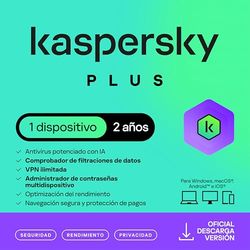 Kaspersky Plus Internet Security 2025 | 1 Dispositivo | 2 años | Anti-Phishing y Firewall| VPN ilimitada | Gestor de contraseñas | Protección Bancaria en línea | PC/Mac/Móvil | Código por email