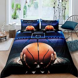 Loussiesd Dekbedovertrek met sportbasketbal en basketbalveld, dekbedovertrek voor kinderen, jongens en volwassenen, beddengoedset met 3D basketbalpatroon, sprei hoes met 1 kussensloop, 2-delig,