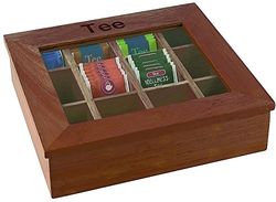 APS Grande boîte à thé avec 12 compartiments env.30 x 28 cm, hauteur 9 cm, rouge-brun, boîte en bois avec fenêtre en acrylique.