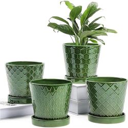 BUYMAX växtkrukor inomhus – 12,7 cm keramisk blomkruka med dräneringshål och keramisk bricka – trädgårdsskötsel hem skrivbord kontor fönsterbräda dekoration present, set med 4 – växter ingår inte
