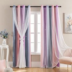 Dream Star - Cortinas opacas para habitación de niños, cortina de princesa para habitación de hija, ventana (gris, rosa, morado, 52 pulgadas de ancho x 63 de largo)