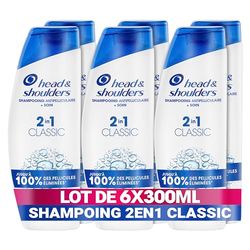 Head & Shoulders Classic 2 en 1 Shampoing Antipelliculaire 6x300ml; Jusqu'à 100% des Pellicules Éliminées, Cliniquement Prouvé; Tous Types de Cheveux; Usage Quotidien; Rafraîchissant