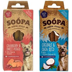 Soopa Cranberry and Sweet Potato Dental Sticks Dog Treat, 100 g & Grain Free Coconut and Chia Seed Dental Dog Treats, 4 Sticks