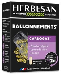 HERBESAN®-CARBOGAZ - Ballonements - Charbon végétal, Levure de Bière, Fenouil - Fabrication française - 45 gélules