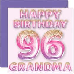 Tarjeta de cumpleaños número 96 para abuela, globos de purpurina rosa y morada, tarjetas de feliz cumpleaños para abuela de 96 años de parte de nieto y nieta, tarjetas de felicitación de cumpleaños de