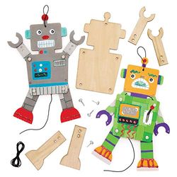 Baker Ross AW648 Robot Wooden Puppets - Creative Arts and Crafts Kits for Kids, Make Your Own Puppet, Wood, Pack of 4, Pieces