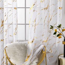 Sutuo Home Marble White Sheer Curtains 84 Inch Length, Gold Foil Print Metallic Bronzing, Privacy Window Treatment Decor Abstract Drape Pair 2 Panels Set for Bedroom Kitchen Living Room 52" W x 84" L