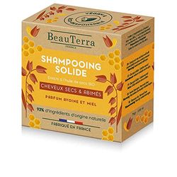 BeauTerra - Shampooing Solide pour Cheveux Secs et Abîmés - à l'Huile de Coco - Fabriqué en France - Eco-conçu et Zero Déchet - 75gr