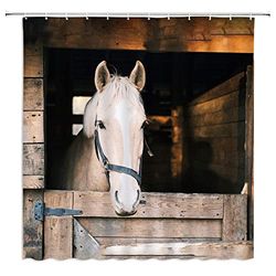 Tenda da doccia a cavallo, rustica, con cavalli, animali selvatici, animali selvatici, in legno, rustico, stile rustico, stile rustico, stile rurale, con ganci, colore: bianco e marrone