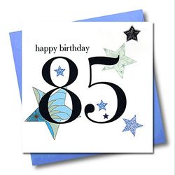 Claire Giles - Tarjeta de felicitación de 85 cumpleaños, diseño de corazones y estrellas, color azul