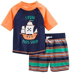 Simple Joys by Carter's Baby Boys' Swimsuit Trunk and Rashguard Set Rash Guard, Navy Orange Ships/White Stripes, 3 Years