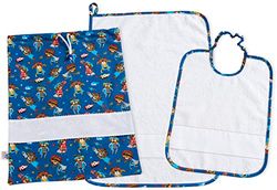 Filet - Set Jardín de Infancia 3 piezas | Bolsa, babero y toalla a juego | Inserto de lona Aida para bordar | Imprime superhéroes sobre fondo azul, Made in Italy
