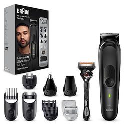 Braun Regolabarba Tagliacapelli Uomo, Rasoio Elettrico Barba e Capelli, 12-in-1 Styling Kit Per Barba, Capelli, Corpo, Naso e Orecchie, 100 Minuti Di Utilizzo Senza Fili, MGK7460