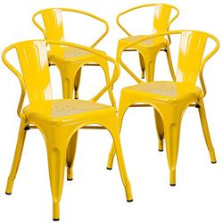 Flash Furniture Pacote de 4 cadeiras de metal de grau comercial para interiores e exteriores com braços, amarelo, 4 unidades