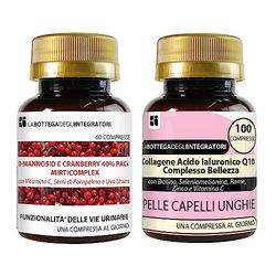 Set di Integratori Cranberry 40% PAC, D-Mannosio 60 compresse + Collagene Ialuronico 100 compresse | Antiossidante + Capelli Pelle Unghie LABOTTEGADEGLIINTEGRATORI ®