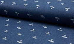 CRS Fur Fabrics Printed Cotton Denim Stretch Fabric Material - Palm Tree Blue