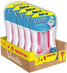 Gillette Venus Sensitive Rasoi Donna, 3+1 Rasoi, confezione da 20 lamette (3 Lame), Rasatura Liscia con Striscia Idratante Usa e Getta Gillette, idea regalo