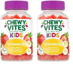 Chewy Vites Kids High Strength VIT D3, 60 Kids Vitamin D Gummies, 10 mcg 400 IU Vitamin D3, 2 Months Supply, Vegan, Real Fruit Juice, Age 3 +, Strawberry Flavour (Pack of 2)