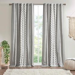INK+IVY Imani - Tenda da finestra in cotone con stampa geometrica, a righe in ciniglia trapuntata, effetto metà secolo, facile da appendere, adatta fino a 3,2 cm di diametro, 127 cm x 213,4 cm, grigio