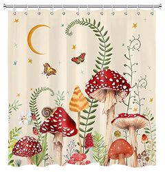 EOBTAIN Tenda da doccia a forma di fungo, stile retrò, con farfalle, fiori, luna e stelle, motivo botanico, fiori selvatici, pianta verde, estetica, tenda da bagno, 175 x 180 cm, tessuto impermeabile,