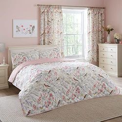 Dreams & Drapes - Roze bloemen en vogels sprei (230cm x 200cm) - Omkeerbaar (2 ontwerpen) - Bloemen Quilt in Roze - Roze Gewatteerde Spreien met Botanische Prints & Lentevogels