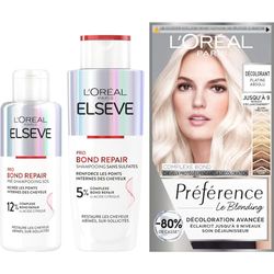 L’ORÉAL PARIS - Coffret Décoloration et Soin Réparateur - 3 Produits - Elseve Pro Bond Repair Pré-Shampooing Sos 200 ml + Shampooing sans Sulfates 200 ml + Préférence Décoloration Platine Absolu