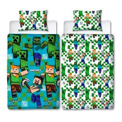 CHARACTER WORLD Minecraft Official Single Duvet Cover Set | Drawn Gaming Design Reversible 2 Sided Bedding Including Matching Pillow Case | Single Bed Set