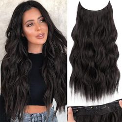 KooKaStyle - Extension per capelli invisibili con filo trasparente, misura regolabile, 4 clip di sicurezza, capelli lunghi ondulati, 20 pollici, marrone scuro per donne