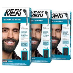 Just for Men Skägg och mustasch, skäggfärg herr svart färg, färgning, tar bort grått hår, med applikatorkam - M55 (3 förpackningar)