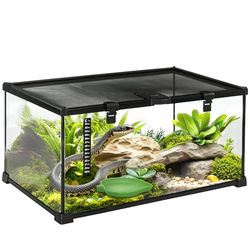 PawHut Terrario per Rettili e Anfibi in Vetro - Scatola di Alimentazione e Allevamento con Termometro - Metallo Nero, 50 x 30 x 25 cm