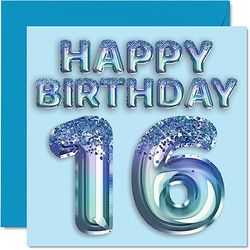 16e verjaardagskaart voor jongens - blauwe glitter feestballon - gelukkige verjaardagskaarten voor 16-jarige jongen kleinzoon zoon broer neef, 145 mm x 145 mm zestien zestiende verjaardag wenskaarten