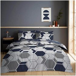 Super Dreamer King Size Bedding Sets with Fitted Sheet, Printed Geo Duvet Cover Sets, King Size Quilt Set, Printed Complete Bedset, Navy/Grey