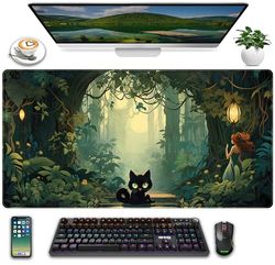 Cute Fantasy Forest Cat Desk Mat Mousepad, Anime Green Plant Mouse Pad Kawaii XXL Large Extended Gaming Gamer Gift Desk Pad 31.5x15.75 in, Women Cats Lovers Office Desk Decor Keyboard Mouse Mat