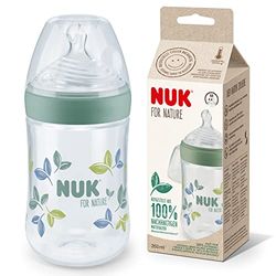 NUK for Nature Babyfles, middelgrote zuiger, 260 ml, van duurzame siliconen, simuleert natuurlijke borstvoeding, anti-kolieksysteem, temperatuurcontrole, BPA-vrij, groen