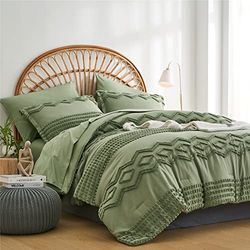 Sage Green Tufted Comforter Set King Size 7 Piece Bed in a Bag, Shabby Chic Boho Comforter and Sheet Set, Pom Pom Textured Bed Set, All Season Soft Microfiber Complete Bedding Set(Green,King)