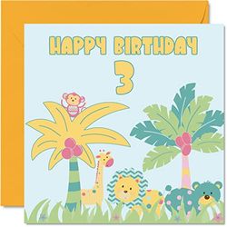 3rd Birthday Card Girl - Jungle Birthday Card - Happy Birthday Card 3 Year Old Girl Boy, Boys Girls Birthday Cards for Her Him, 145mm x 145mm Greeting Card for Daughter Son Nephew Niece Granddaughter