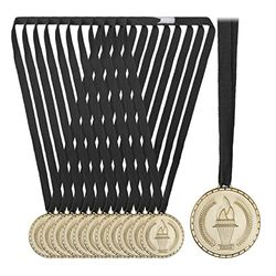 Relaxdays guldmedalj barn, set om 12, Ø 5 cm, plast, med band, medaljset barnfödelsedag, utmärkelse, guld