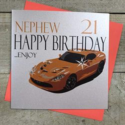 WHITE COTTON CARDS N62-N21 Carte d'anniversaire Faite à la Main Motif Voiture de Sport Orange 21 Ans Blanc