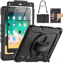 SEYMAC Funda para iPad (9,7 Pulgadas, 6ª / 5ª Gen, 2018/2017 Modelo), iPad Air 2 / iPad Pro 9,7 Funda Carcasa Rugosa con Soporte Rotación, Correa Mano/Hombro, Protector de Pantalla, Negro