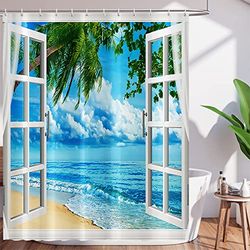Tenda da doccia tropicale spiaggia estiva paesaggio mare hawaiano palma oceano isola tende da bagno bianco finestra in legno poliestere impermeabile decorazione bagno tenda da doccia set con ganci 150 x 150 cm