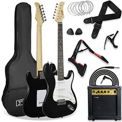 3rd Avenue Ultimat elgitarrpaket med 3rd Avenue XF-elgitarr i fullstorlek 4/4 med 10 W förstärkare, kabel, stativ, fodral, axelband, extrasträngar, plektrum, capo – svart