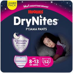 HUGGIES DryNites®, sous-vêtements de nuit ultra-absorbants, 8/13 ans Filles (30-48 kg), 4x13 culottes ; la solution idéale, pour les enfants qui font pipi au lit, adapté à la morphologie des filles.