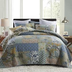 Secgo Queen täcke set för säng – 100% bomullstäcken queen size, grön, salvia sängöverkast (228 x 248 cm) med 2 örngott, lapptäcke vändbara lätta sängkläder