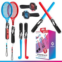 Oniverse Kit 12 en 1 d’Accessoires compatibles Nintendo Switch Sports avec dragonnes, Raquettes, Sabres chanbara, Clubs de Golf, Sangles de Jambe et Manches universels pour Joy Con