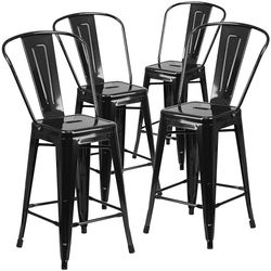Flash Furniture Conjunto de 4 cadeiras comerciais, 61 cm, de metal, encosto alto, interiores e exteriores, altura da bancada, plástico, aço galvanizado, preto