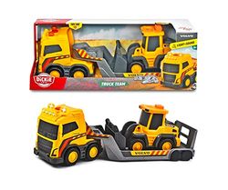 Dickie Toys 203725008 Volvo Team, Construction Site, Sandpit Toy, Truck with Trailer, Wheel Loader 9 cm with Shovel, 32 cm, Hinged, Light & Sound, for Children from 3 Years, Yellow